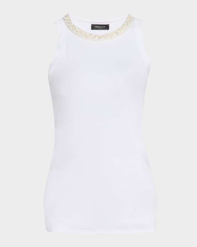 Crewneck Sequin-Trim Rib Knit Jersey Tank